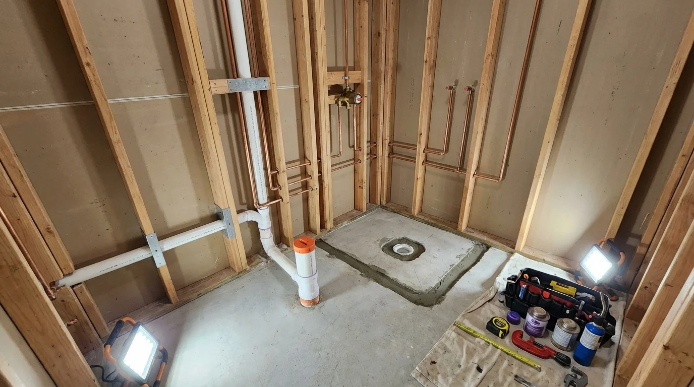 Bathroom rough-in plumbing during remodel by Johns Plumbing LLC in Monroeville