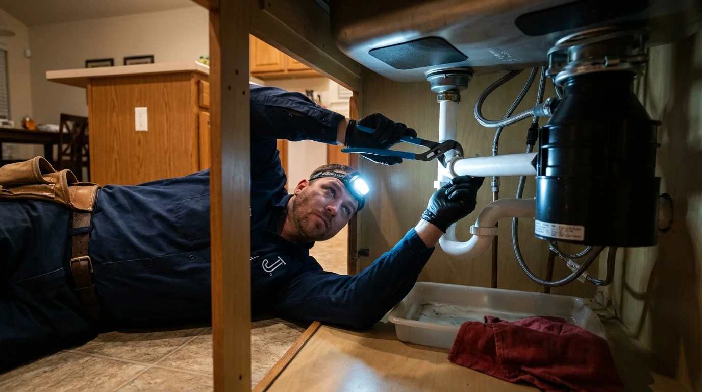 P-trap and supply line connections under a kitchen sink showing a common leak point in Monroeville, PA
